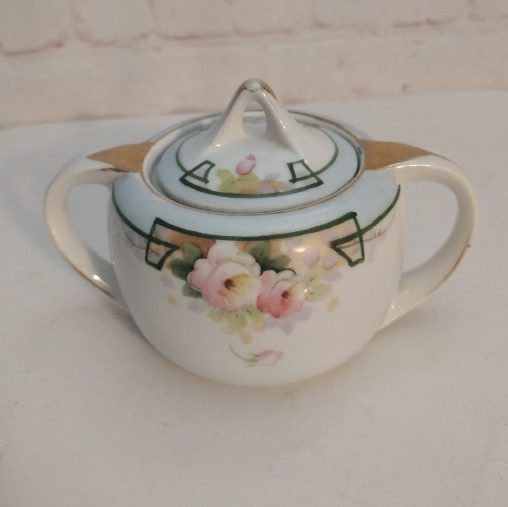 VTG Nippon Japan Hand Painted Porcelain Sugar Bowl w/ Lid Pink Floral Gold Gilt